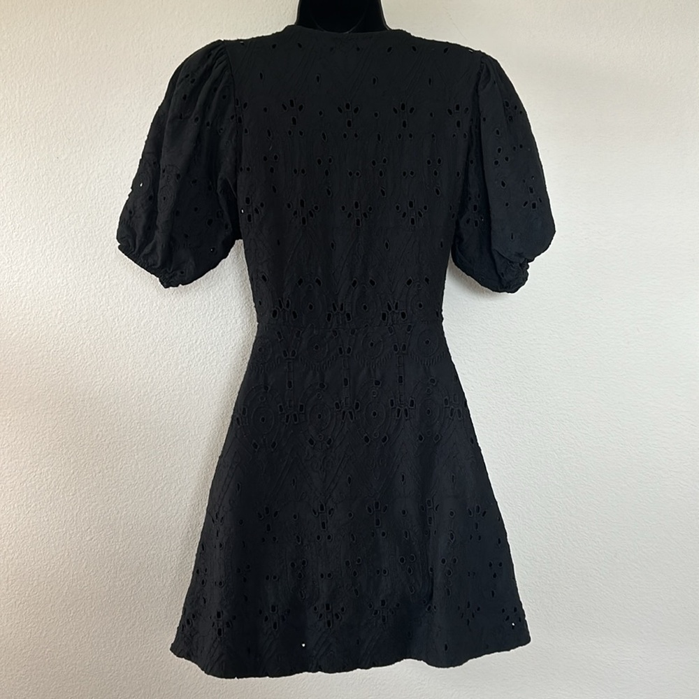 Zara Black Eyelet Lace Button Front V Neck Puff Sleeve Mini Dress - Picture 7 of 9